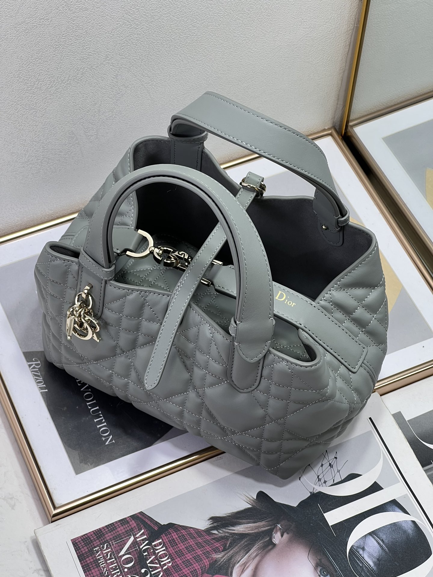 Small Dior Toujours Bag Gray Macrocannage Calfskin